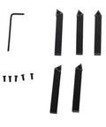 Five-piece carbide indexable turning tool set with 60°/75°/90° inserts; includes hex key and screws