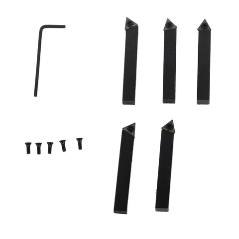 Five-piece carbide indexable turning tool set with 60°/75°/90° inserts; includes hex key and screws