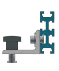 Beefy 2x2 Aluminum Brackets For T Track Systems side view showing clamp and stop block in wall mount configuration.