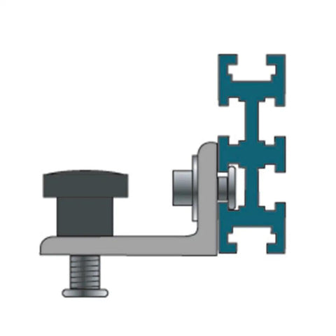 Beefy 2x2 Aluminum Brackets For T Track Systems side view showing clamp and stop block in wall mount configuration.