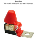 Close-up of Beefy Marine Battery Fuse Block With 200A Fuse, 58V DC Max, showcasing a red cap and metal mounting bracket.
