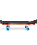 Side view of mini finger skateboard with maple wood deck, deep concave and high kick, four ball bearing wheels, silicone strap trucks