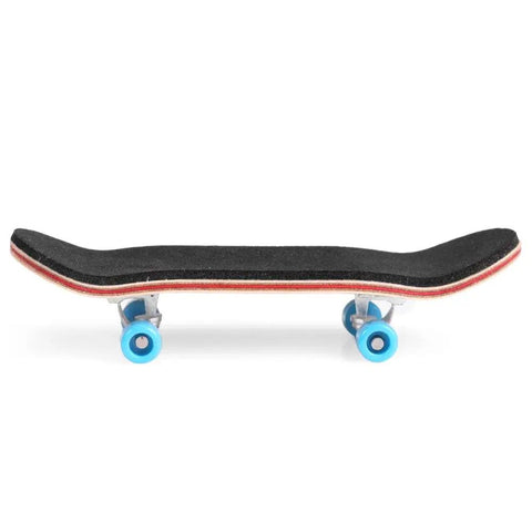 Side view of mini finger skateboard with maple wood deck, deep concave and high kick, four ball bearing wheels, silicone strap trucks