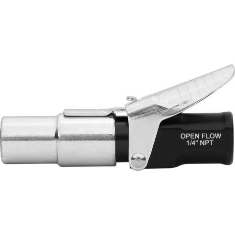 Locking Air Chuck With Six Steel Jaws That Grip Any Schrader Valve For Hands Free Tire Inflation, side view