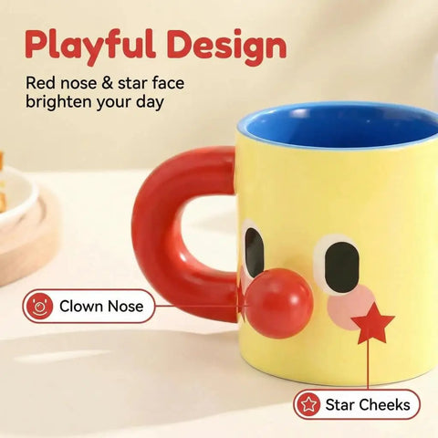 Clown Face Ceramic Mug 10 Oz Yellow Coffee Cup With Blue Interior And Red Handle Fun Morning Wakeup Gift For Coffee Lovers