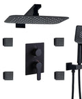 Heavy Duty Black Shower System With 12X8 Inch Rainfall Head Wall Mounted Tub And Shower Trim Kit Featuring 3 Mode Handheld Sprayer Rust Resistant Brass Build For Bathrooms showing shower head and controls.