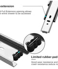 Heavy Duty Three Section Drawer Slides And Industrial Runner Tracks With Solid Mounting Brackets For Zero Sag Cabinet And Toolbox Glides That Roll Smooth As Butter, showing full extension and rubber pad detail.