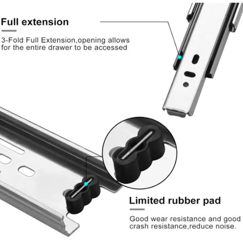 Heavy Duty Three Section Drawer Slides And Industrial Runner Tracks With Solid Mounting Brackets For Zero Sag Cabinet And Toolbox Glides That Roll Smooth As Butter, showing full extension and rubber pad detail.