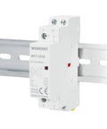 Top Shelf 25A AC Contactor 2NO 2 Pole 120V Coil DIN Rail Mount on metal rail, compact design for heavy load wiring.