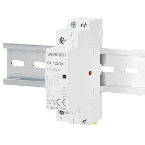 Top Shelf 25A AC Contactor 2NO 2 Pole 120V Coil DIN Rail Mount on metal rail, compact design for heavy load wiring.