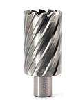 Annular cutter with Weldon shank, 1-1/2 in diameter and 2 in depth, HSS, front view.