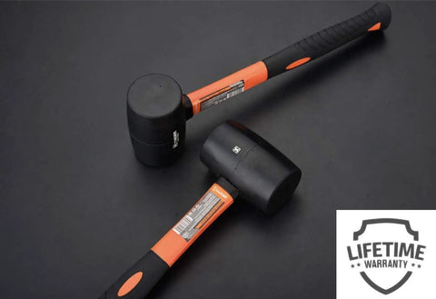 16 Oz Rubber Mallet Hammer With Fiberglass Handle And Shock Absorption Soft Blow Hammer For Flooring Tent Stakes Woodworking Camping And DIY Projects Ergonomic Non Slip Grip, showing two hammers with warranty badge.