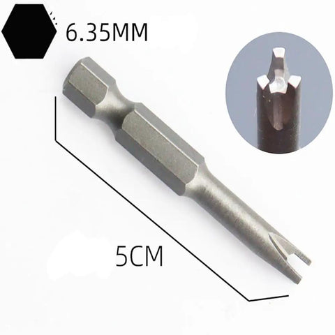 Heavy Duty 5 Pc 1/4 Hex Shank Magnetic Screwdriver Bit Set Featuring U Shape Y Type Inner Cross Three Point Special Heads Built Different With Durable S2 Steel For Power Drills Top Shelf Ace, 5CM size with 6.35MM hex shank.