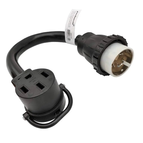 Beefy 50A Shore Power Adapter Cord For RV And EV 1.5ft NEMA SS2 50P to 14 50R CS6365, black heavy-duty cord with connectors