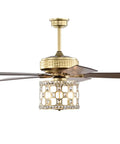 HomeStock Adsila 52-inch Matte Gold Ceiling Fan with Crystal Chandelier and Reversible Cherrywood/Grey Blades, top view with chandelier detail.