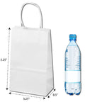 White Kraft Custom Printed Paper Bags With Twisted Handles And Square Bottom 5.25 X 3.25 X 8.5 Inches 500 Pack Single Color Artwork Only High Resolution Artwork Required Ideal For Shopping Gifts Parties Merch And Trade Shows next to a water bottle for size comparison
