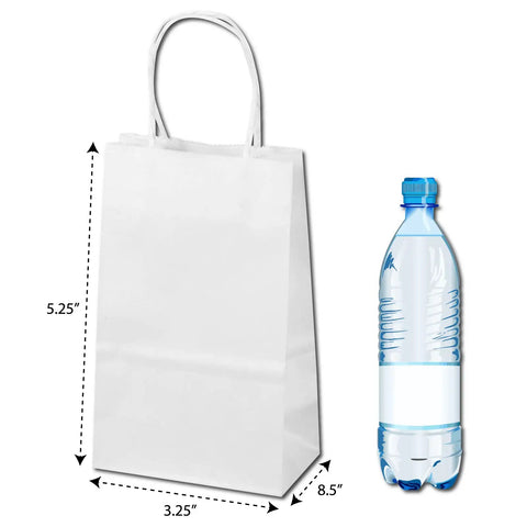 White Kraft Custom Printed Paper Bags With Twisted Handles And Square Bottom 5.25 X 3.25 X 8.5 Inches 500 Pack Single Color Artwork Only High Resolution Artwork Required Ideal For Shopping Gifts Parties Merch And Trade Shows next to a water bottle for size comparison