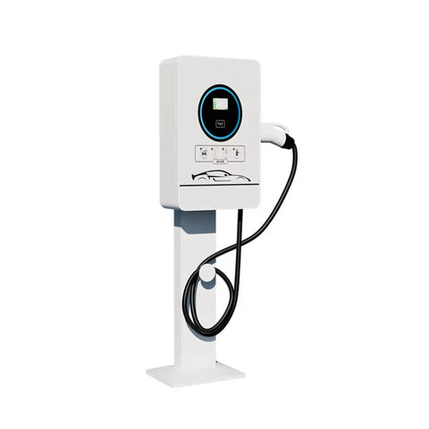 Rugged Commercial Electric Vehicle Charging Station Standalone Floor Pedestal Charger Built Tough Grid Ready with display and cable.