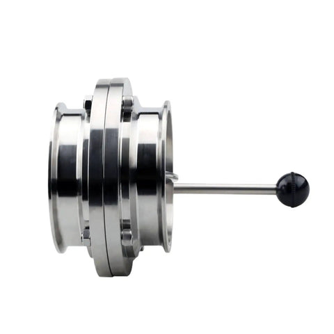 Side view of 304 Stainless Steel Quick Release Valve With PTFE Sanitary Manual Quick Coupling Clamp Chuck For Powder Systems Only Not For Water.