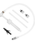 Complete Heavy Duty Manual Transmission Fluid Pump Kit With 3 8 Swivel Adapter For Slick Oil Transfer and No Sweat Fluid Changes On Cars Trucks And Suvs components laid out, including pump and tubing.