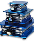 Blue four-tier lab jack lift table with screw-driven platforms and chrome rods; 8x8 inch aluminum platform