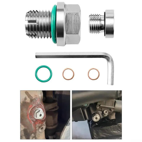 Heavy Duty Self Tapping Oil Drain Plug Repair Kit For Cars And Trucks With Stainless Steel Double Step Bolt Fix Stripped Oil Pan Threads Without Replacement On 16mm By 1.5 Vehicles That Need Quick Driveway Fixes, stainless steel kit with wrench and seals