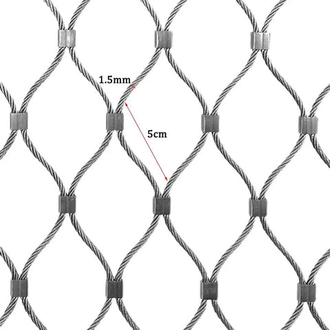 Built Like A Tank 304 Stainless Steel Flexible Cable Safety Net For Balcony Stair Guards, 1.5mm thick mesh showing 5cm spacing.