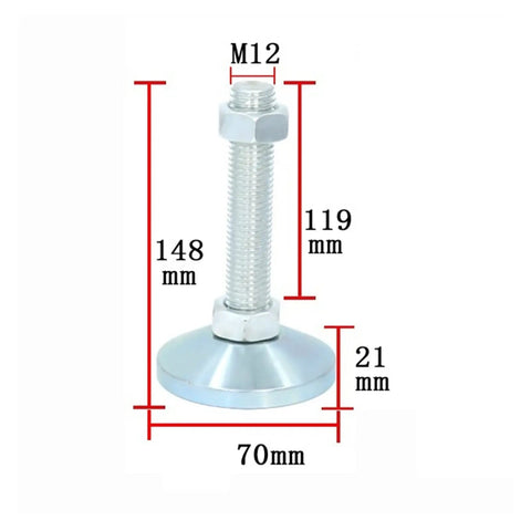 M12 Adjustable Leveling Feet Heavy Duty Carbon Steel Furniture Legs with measurements, sturdy base for stability and support.