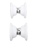 Secure Your RV With This Heavy Duty Magnetic Door Stopper That Holds Strong Travel Doors Shut And Stops Slamming Noise On The Road For Peace Of Mind While Cam핑 Or Driving Toward Your Next Adventure! Two white magnetic door stoppers with metal ball.