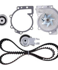 High Quality Timing Belt Kit For Volvo D3 DRIVe D4 D5 Engines 2001 Onwards Fits Engine Timing Replacement With Water Pump And Hardware For Service Keeps Ride Smooth Safe And Fixes Wear Fast Anytime On Your Rig In Shape Saving Dough Staying Cool. Volvo timing belt kit with water pump, tensioner, pulley, gasket, and belt on white background