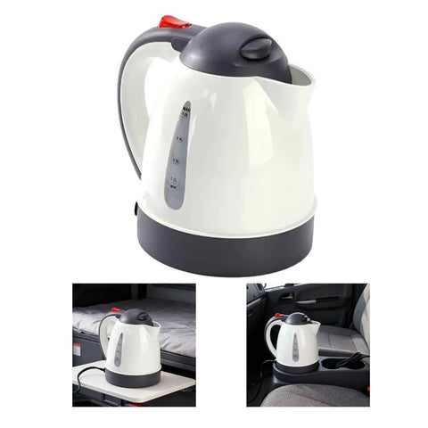 Heavy Duty 24V Electric Kettle For Trucks Built Like A Tank With Auto Shut Off, 1 Liter portable kettle in truck interior.