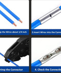 Instruction guide showing steps for using 100 Piece Non Insulated Butt Connectors Kit For AWG 22 16 Wire Tin Plated Copper.