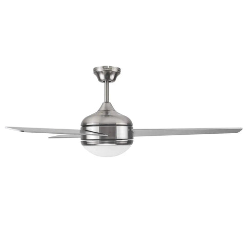 Treviento 52 Inch LED Indoor Ceiling Fan With Energy Efficient LED Light Kit in Satin Nickel, side view.