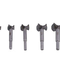 Five-piece woodworking hinge hole drill bit set; steel bits for hinge bore sizes 15–35 mm