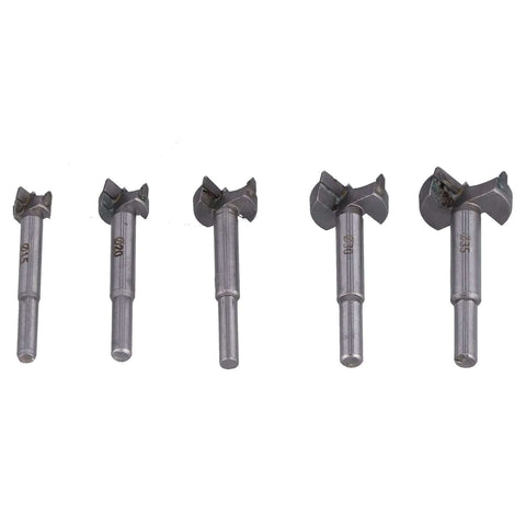 Five-piece woodworking hinge hole drill bit set; steel bits for hinge bore sizes 15–35 mm