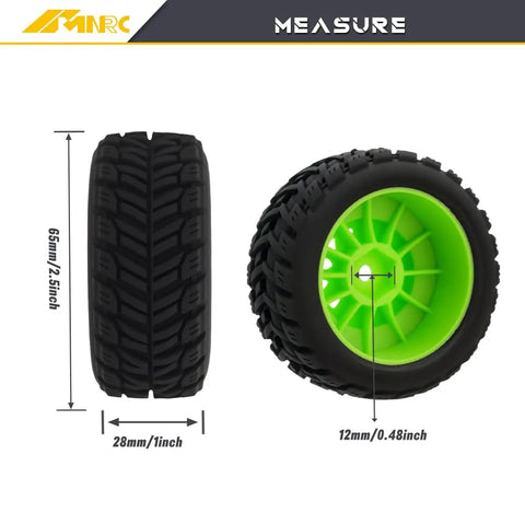 Pre Glued Wheel And Tire Set For Arrma One Sixteenth Mojave Grom RC Car Upgrade Green Rim Rubber With Internal Foam Durable Plastic Rim Easy Install Ready To Run Desert Truck Ready Performance. 1/16 RC wheel 65mm x 28mm, green rim