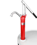 Top Shelf Heavy Duty Lever Drum Pump For Smooth Oil And Fuel Transfer on a white barrel with adjustable suction handle.