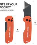 Klein Tools FLICK BLADE orange folding utility knife; front and side views with pocket clip, 4-inch closed, 6-inch extended.