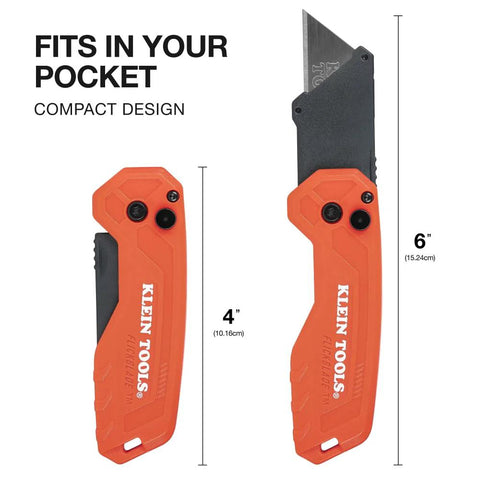 Klein Tools FLICK BLADE orange folding utility knife; front and side views with pocket clip, 4-inch closed, 6-inch extended.