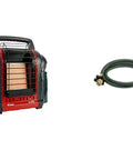 Portable Buddy Heater Bundle With 10 Feet Propane Hose Assembly For Indoor Outdoor Use 4000 To 9000 BTU Radiant Heater Ideal For Garages And Cabins Up To 225 Sq Ft shown with heater and hose.