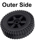 6 Inch Black Blow Molded Plastic Replacement Wheels And Axle Caps For 3 8 Inch Shafts seen from outer side with textured surface.