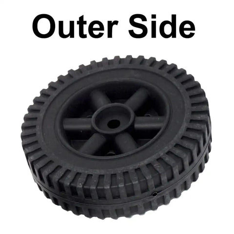 6 Inch Black Blow Molded Plastic Replacement Wheels And Axle Caps For 3 8 Inch Shafts seen from outer side with textured surface.