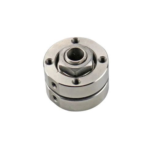 Stainless steel disc torque hinge damper with through-hole bore and mounting holes (front view)