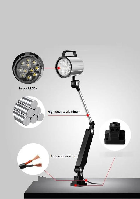Heavy Duty 12W LED Lathe Drill CNC Machine Light With Long Arm For Milling And Machining, 400x400mm, Aluminum Alloy, IP67