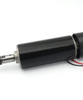 Beefy 500W Spindle Motor For CNC Router, air cooled ER11, 12-100VDC, shown in side angle with visible shaft and wiring