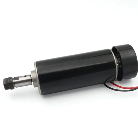 Beefy 500W Spindle Motor For CNC Router, air cooled ER11, 12-100VDC, shown in side angle with visible shaft and wiring