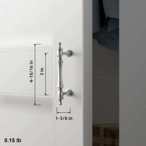 Brushed Satin Nickel Cabinet Pulls 3 Inch Centers 6 Pack Zinc Alloy Drawer Handles on white cabinet door with measurements