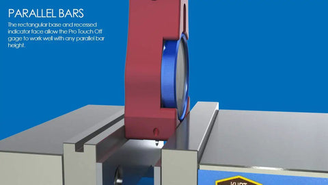 Pro Touch Off Gauge for CNC Milling Machines Z Axis Tool Setter with 4 Inch Offset and 2.2 Inch Dial in use with parallel bars.