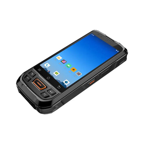 Kickass Rugged Terminal With 5 Inch Gorilla Glass And Snappy 2d Barcode Scanner Made For Zero Fuss Warehouse Scanning On Android 12 With Nfc and smooth daily vibes, showing a side view of the device.