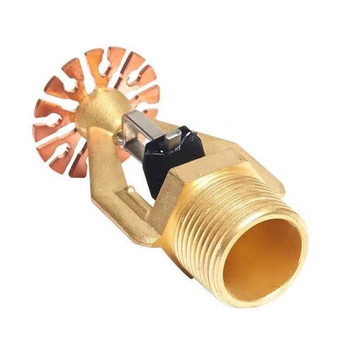 Top Drawer Copper Pendent Fire Sprinkler With Fast Response ESFR Design And One Inch Fusible Link connected to brass fitting.